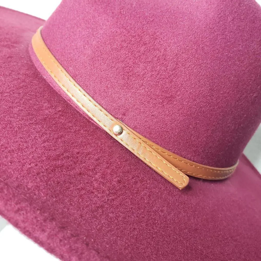 NWT Women's Wine Wide Brim Felt Fedora Hat Faux Leather Detail